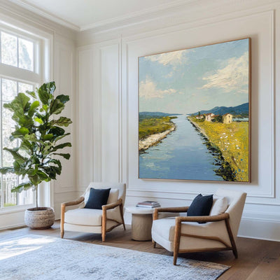 Blue Rural Lake Scenery Oil Painting Large Blue Lake Textured Abstract Landscape Wall Art For Sale