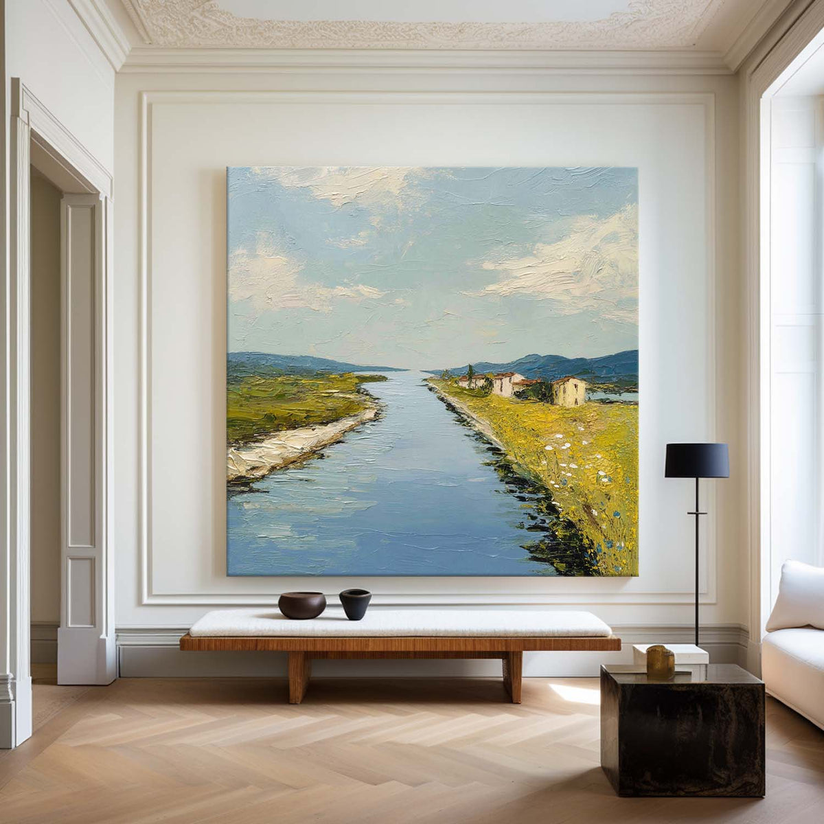 Blue Rural Lake Scenery Oil Painting Large Blue Lake Textured Abstract Landscape Wall Art For Sale