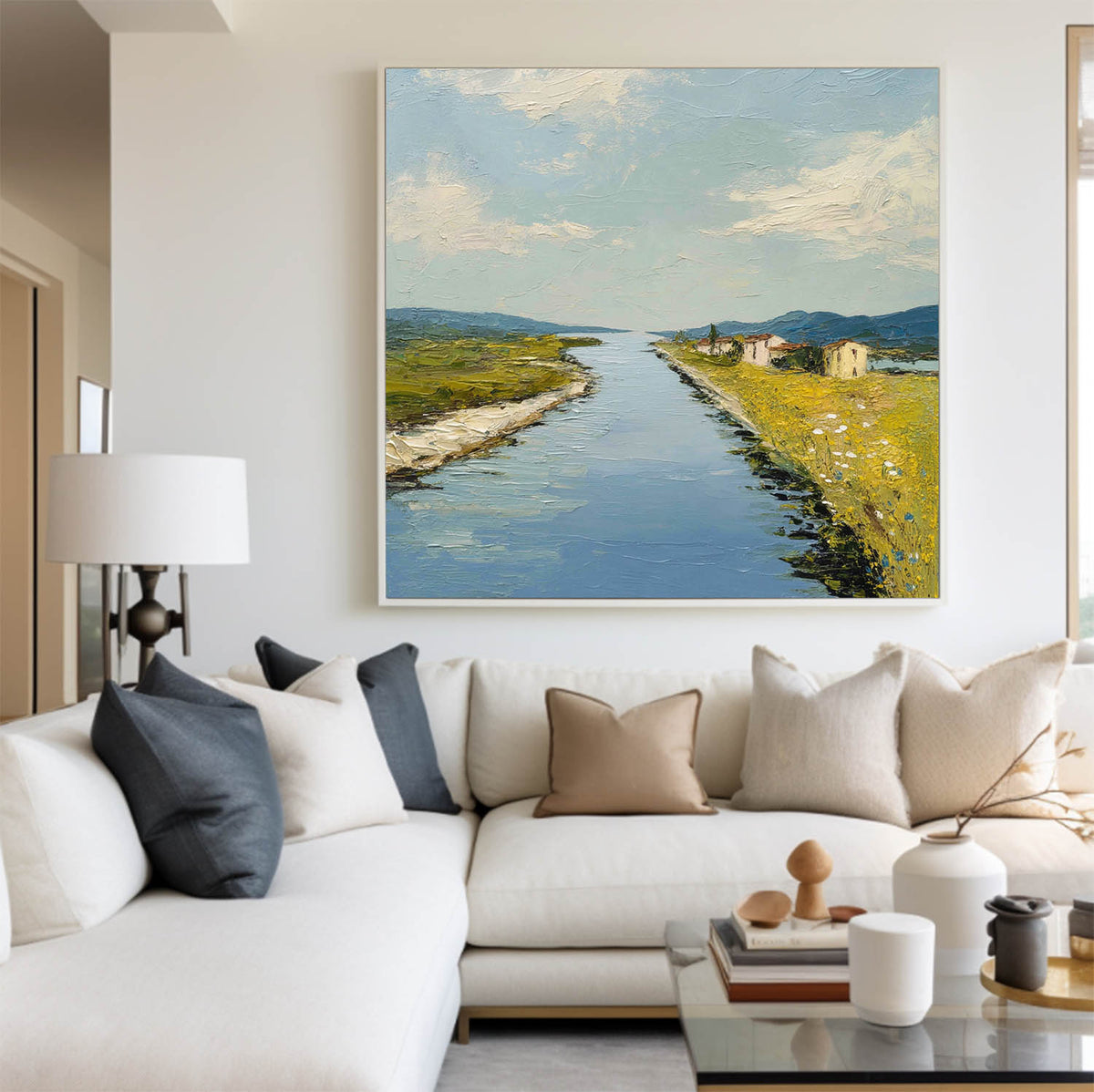 Blue Rural Lake Scenery Oil Painting Large Blue Lake Textured Abstract Landscape Wall Art For Sale