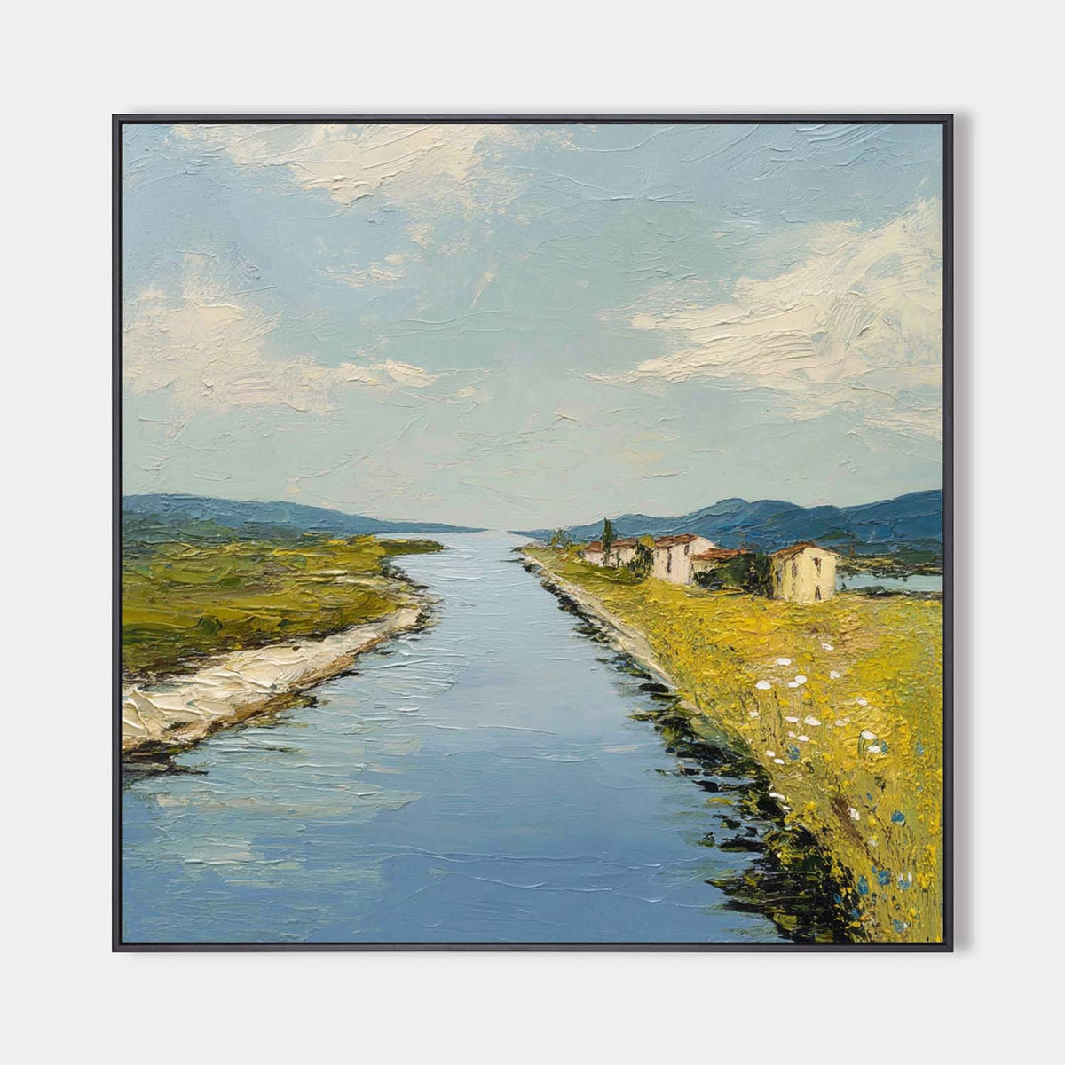 Blue Rural Lake Scenery Oil Painting Large Blue Lake Textured Abstract Landscape Wall Art For Sale