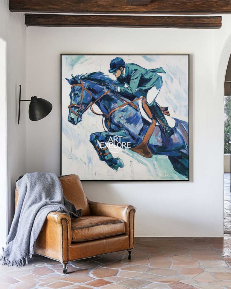 Blue Show Jumping Painting | Large Equestrian Textured Wall Art ArtExplore