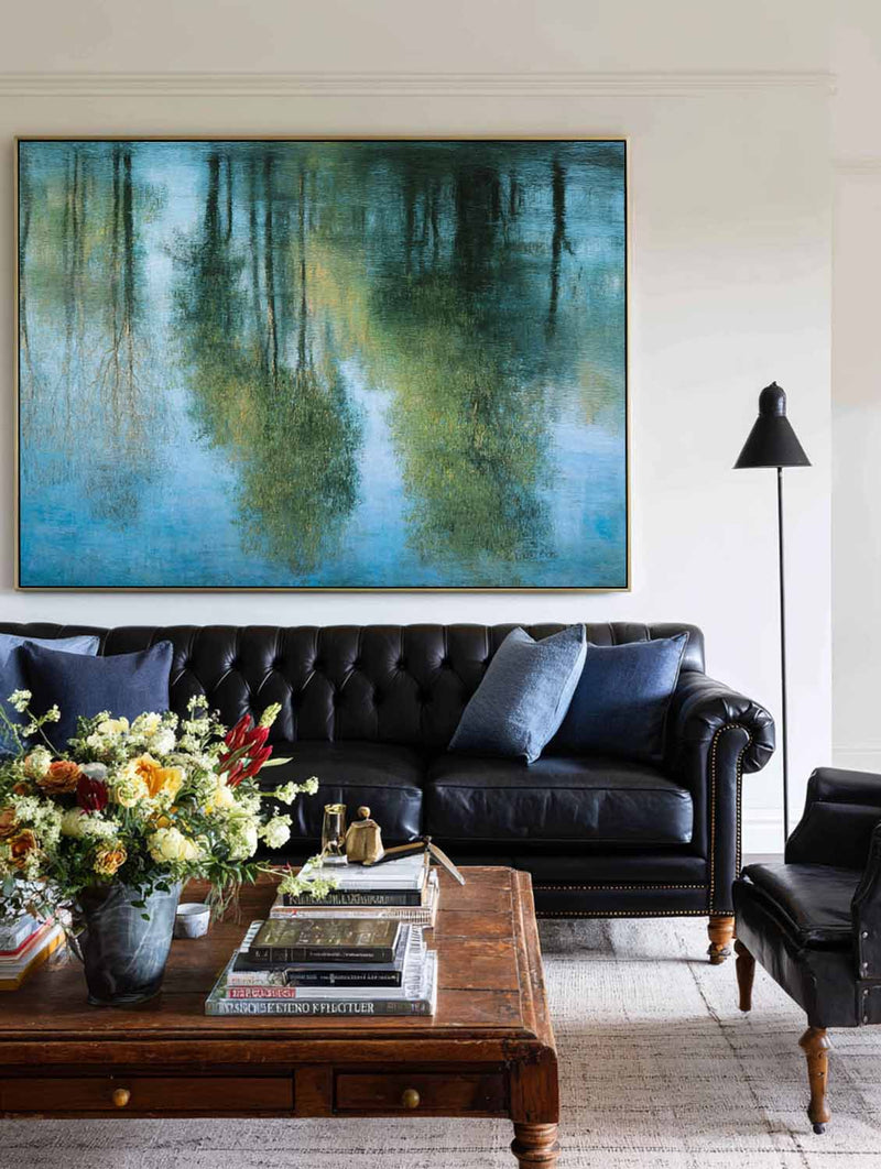 Blue Water Reflection Oil Painting – Modern Minimalist Large Wall Decor | ArtExplore