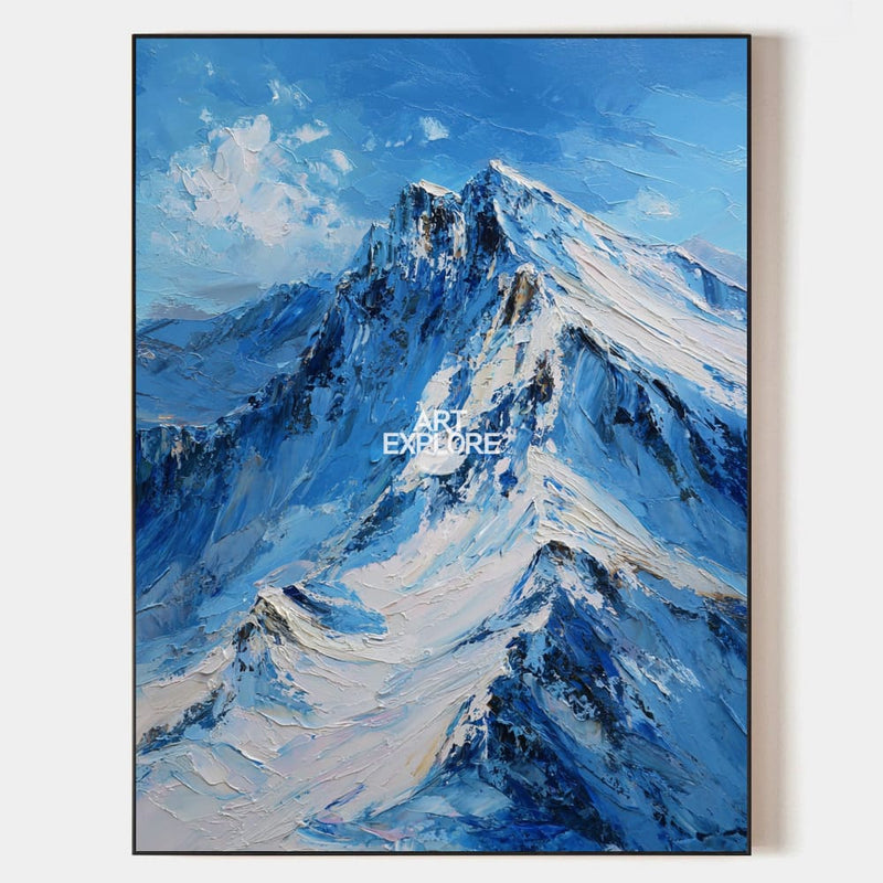 Blue White Snow Mountain Peak Painting | Large Impasto Texture Mountain Canvas Art | ArtExplore