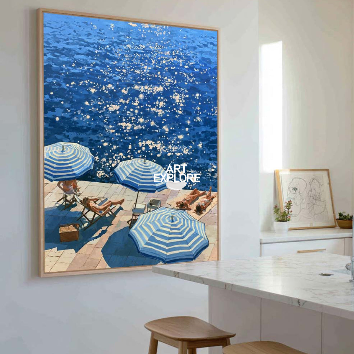 Blue And White Beach Painting For Modern Coastal Living Room Summer Decor