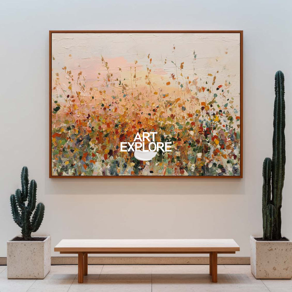 Blush Horizon: Hand-Painted Textured Wildflower Wall Painting