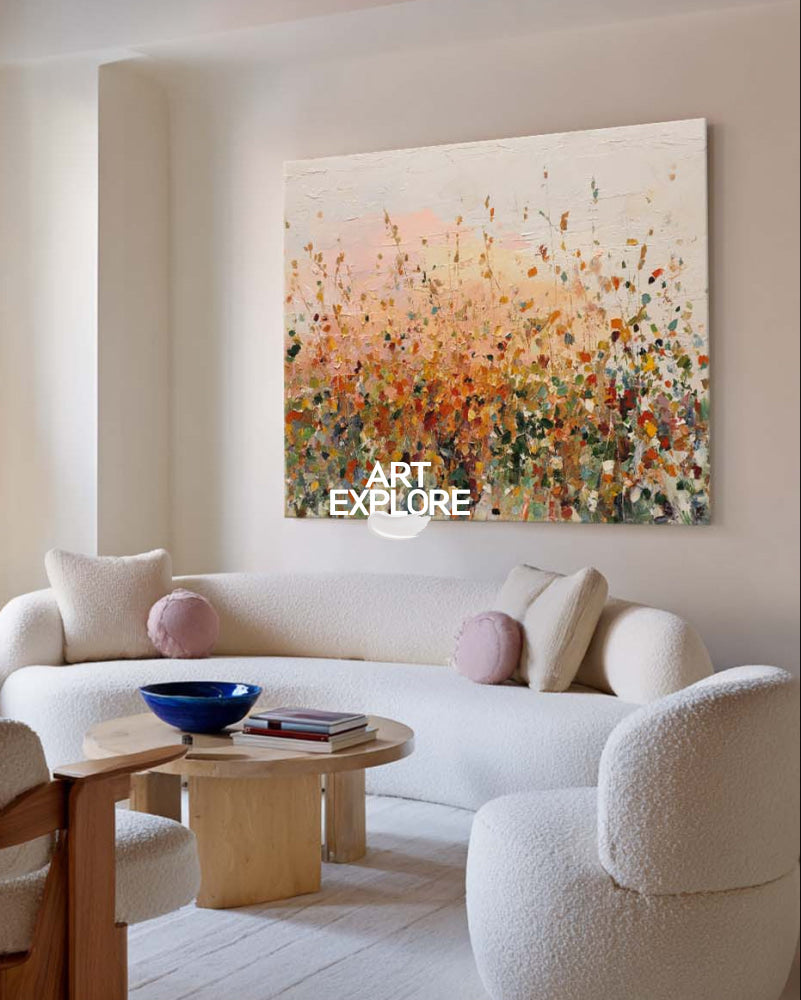 Blushing Wildflowers: Ready to Hang Large Horizontal Painting for livingroom