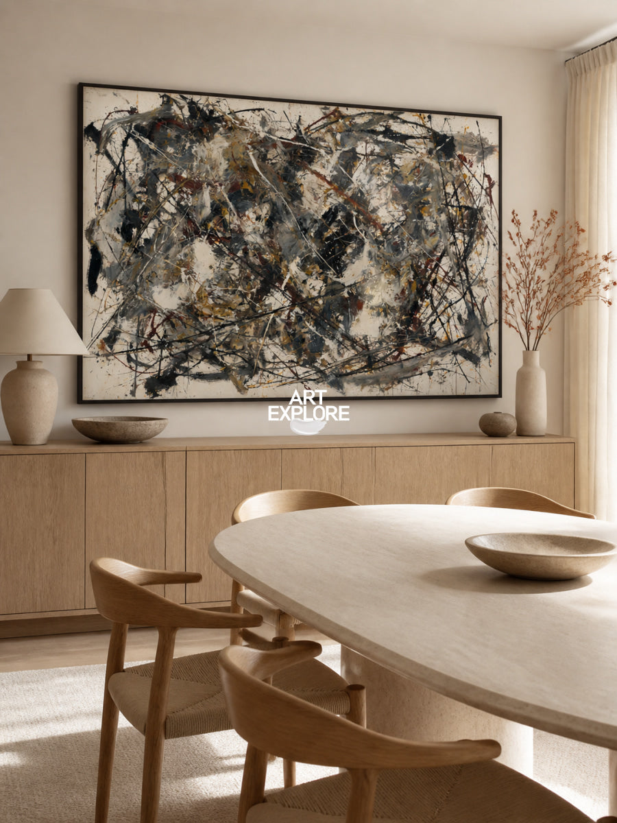 Bold Abstract Canvas Painting With Black And Beige Strokes For Modern Art Lovers