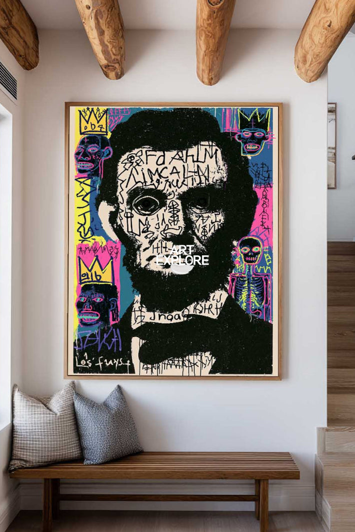 Hand-Painted Graffiti Lincoln Canvas Art With Black And Beige Tones