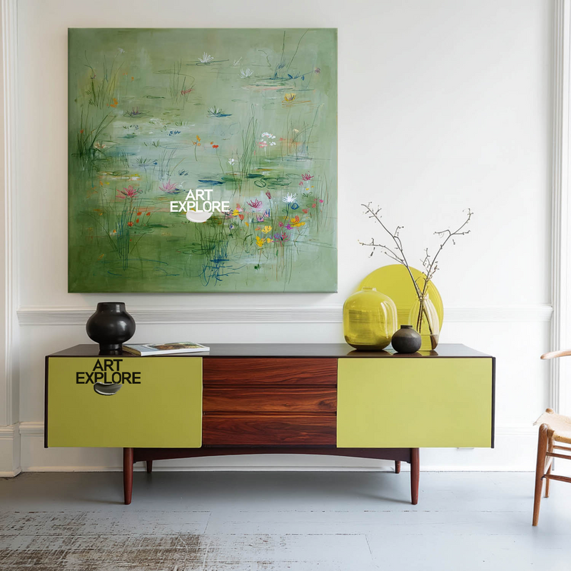 Botanical Lotus Pond Wall Art | Oversized Green Painting for Hallway