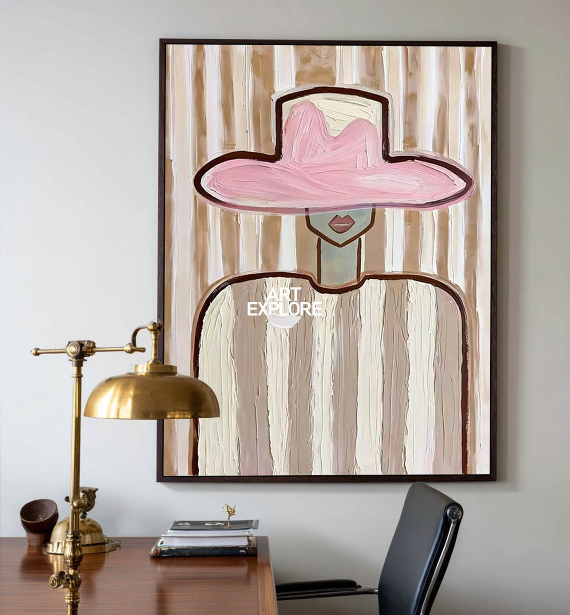 Minimalist Pink Hat Portrait Painting Brown Beige Abstract Wall Art For Living Room Vertical Canvas
