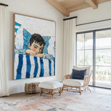 Large Boy's Portrait Oil Painting, Boy with Blue Shirt Wall Art Modern Impressionistic Painting