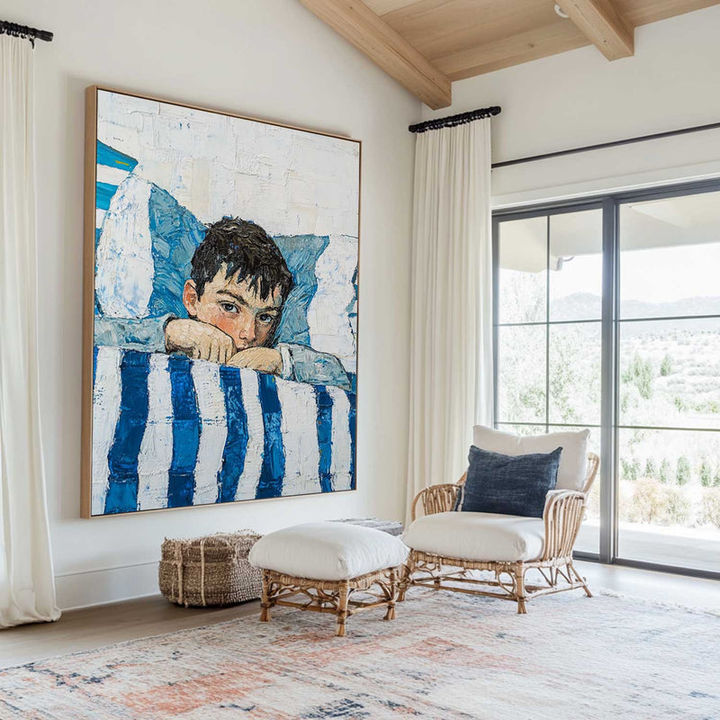 Large Boy's Portrait Oil Painting, Boy with Blue Shirt Wall Art Modern Impressionistic Painting
