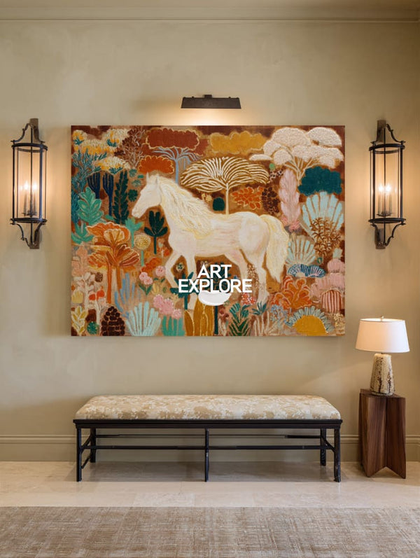 Brown Garden Abstract Wall Art with Pony, Textured Oil Canvas – ArtExplore
