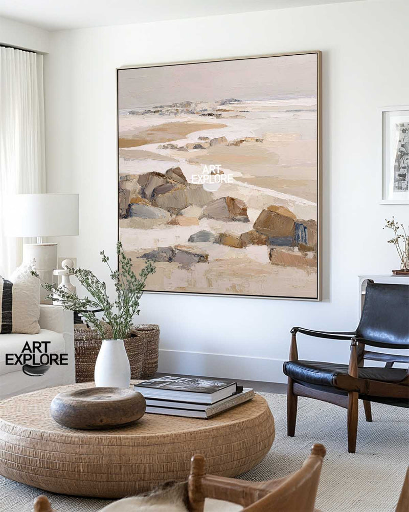 Brown Natural Rock Scene Art | Square Handmade Canvas for Living Room Decor