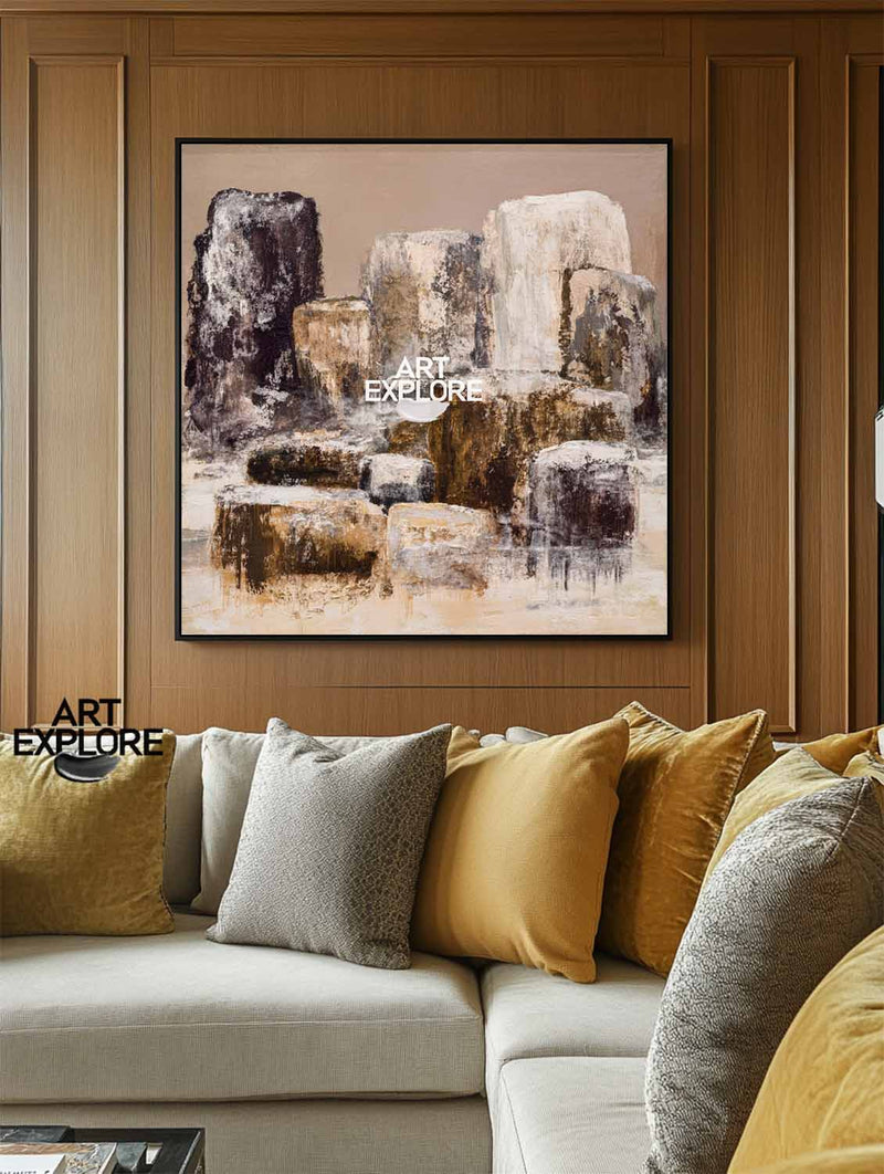 Brown Rock Cliff Abstract | Modern Large Handmade Square Canvas ArtExplore