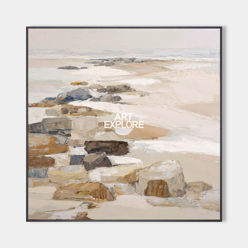 Brown Rock Coastal Landscape | Handmade Textured Square Canvas Wall Art by ArtExplore