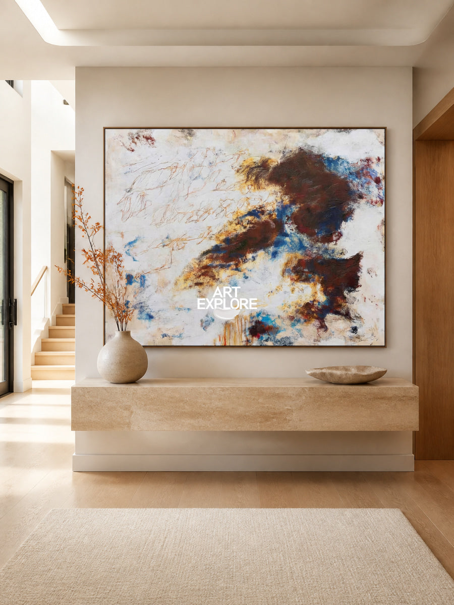 Brown And Blue Abstract Canvas Painting With Doodle Lines For Modern Wall Art