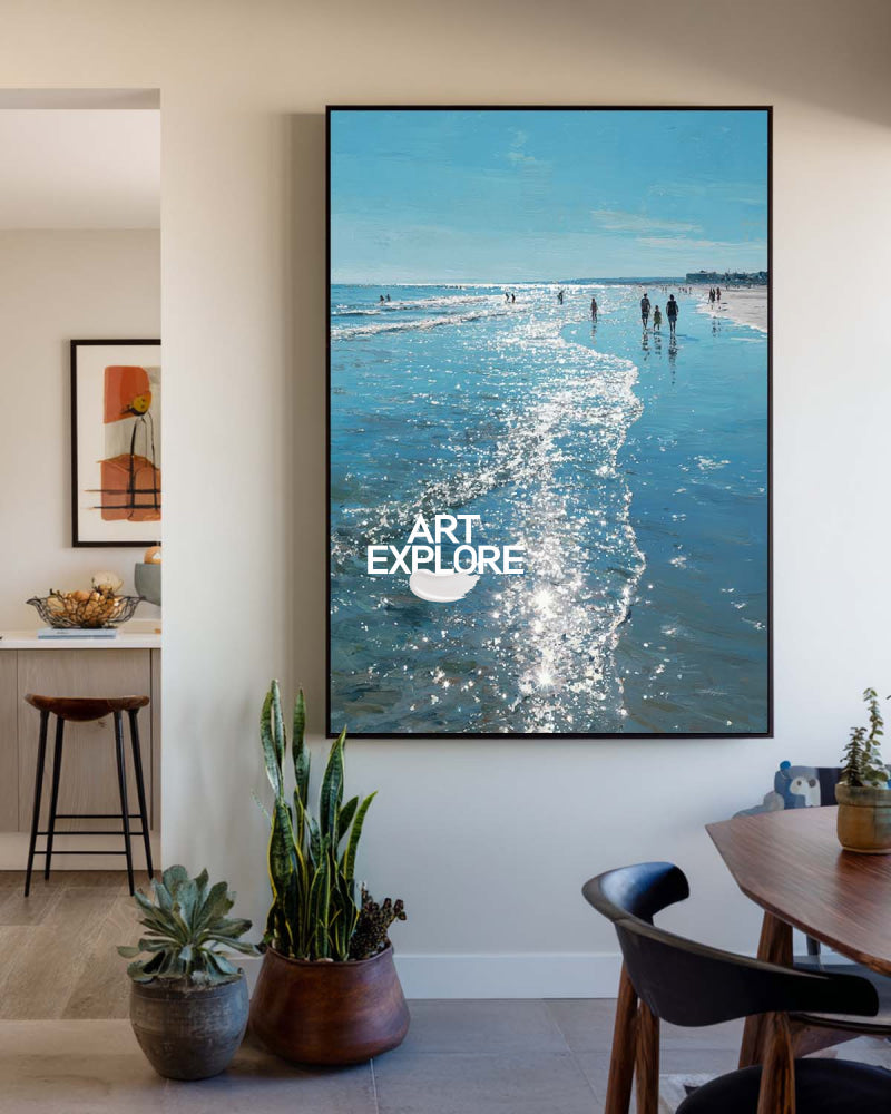 Cerulean Blue Beach Painting Large 3D Textured Horizon Wall Art