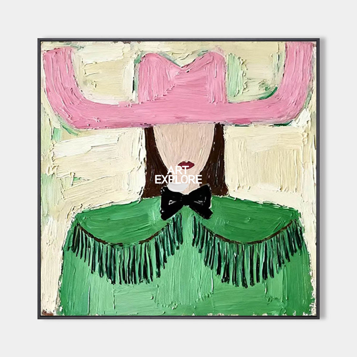 Charming Folk Art Painting With Pink Hat And Green Shawl For Modern Home Decor