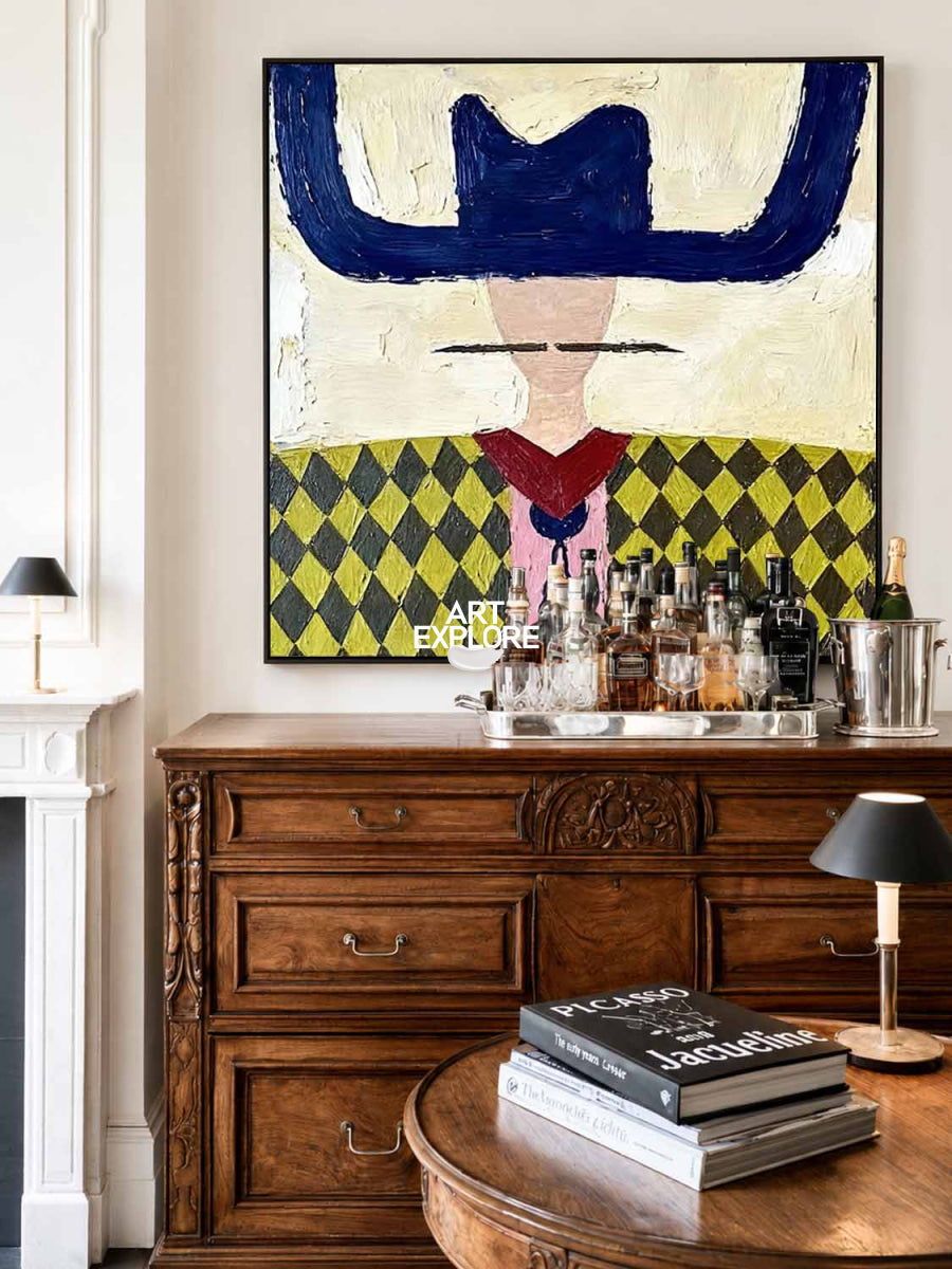 Minimalist Folk Art Painting With Geometric Cowboy In Yellow And Blue For Modern Home Decor