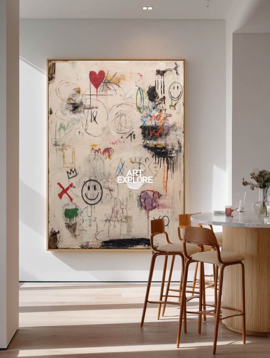 Original Abstract Graffiti Art With Smileys For Modern Living Room Decor