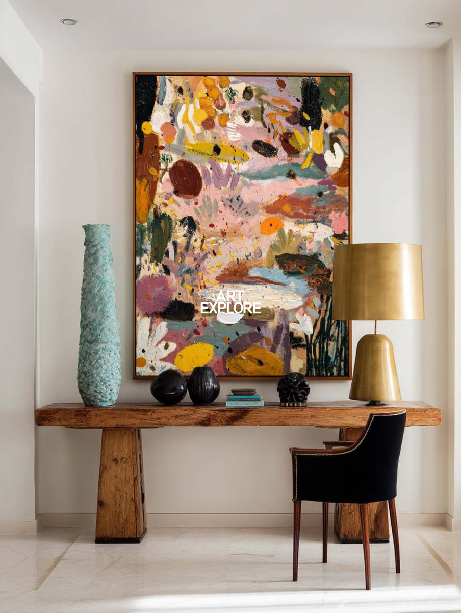 Original Pink Abstract Painting With Colorful Textured Strokes For Modern Home Decor