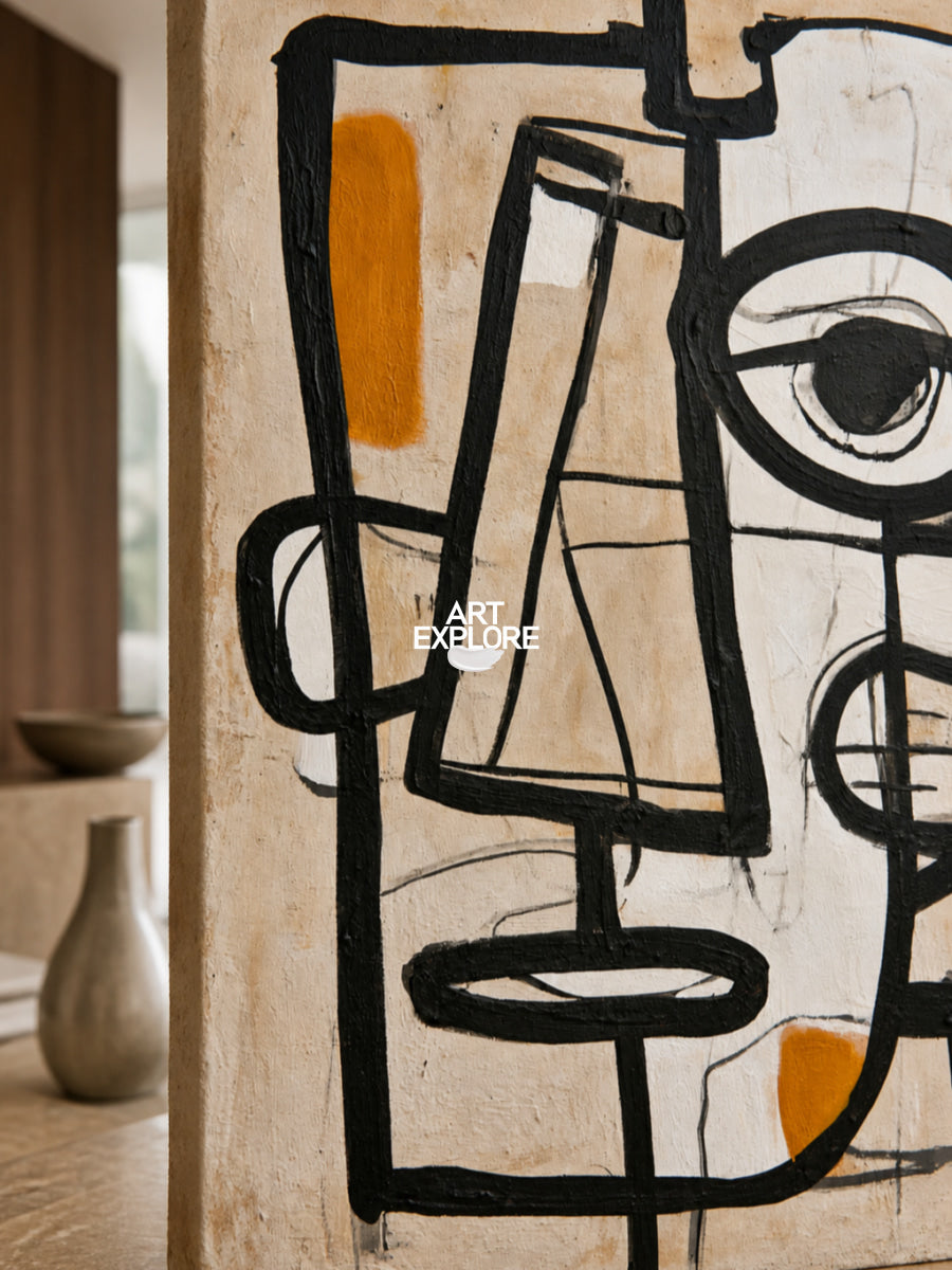 Abstract Eye Canvas Painting Minimalist Black Beige Line Art