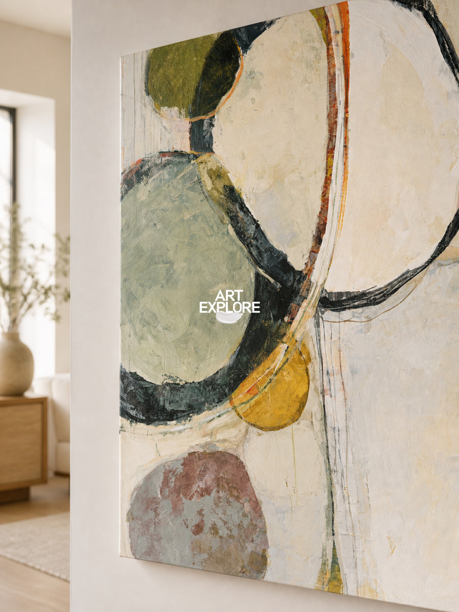 Abstract Geometric Canvas Painting With Green And Beige Tones For Modern Wall Art