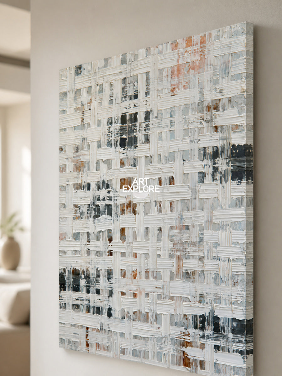 Abstract Geometric White Canvas Painting With 3D Texture For Modern Walls