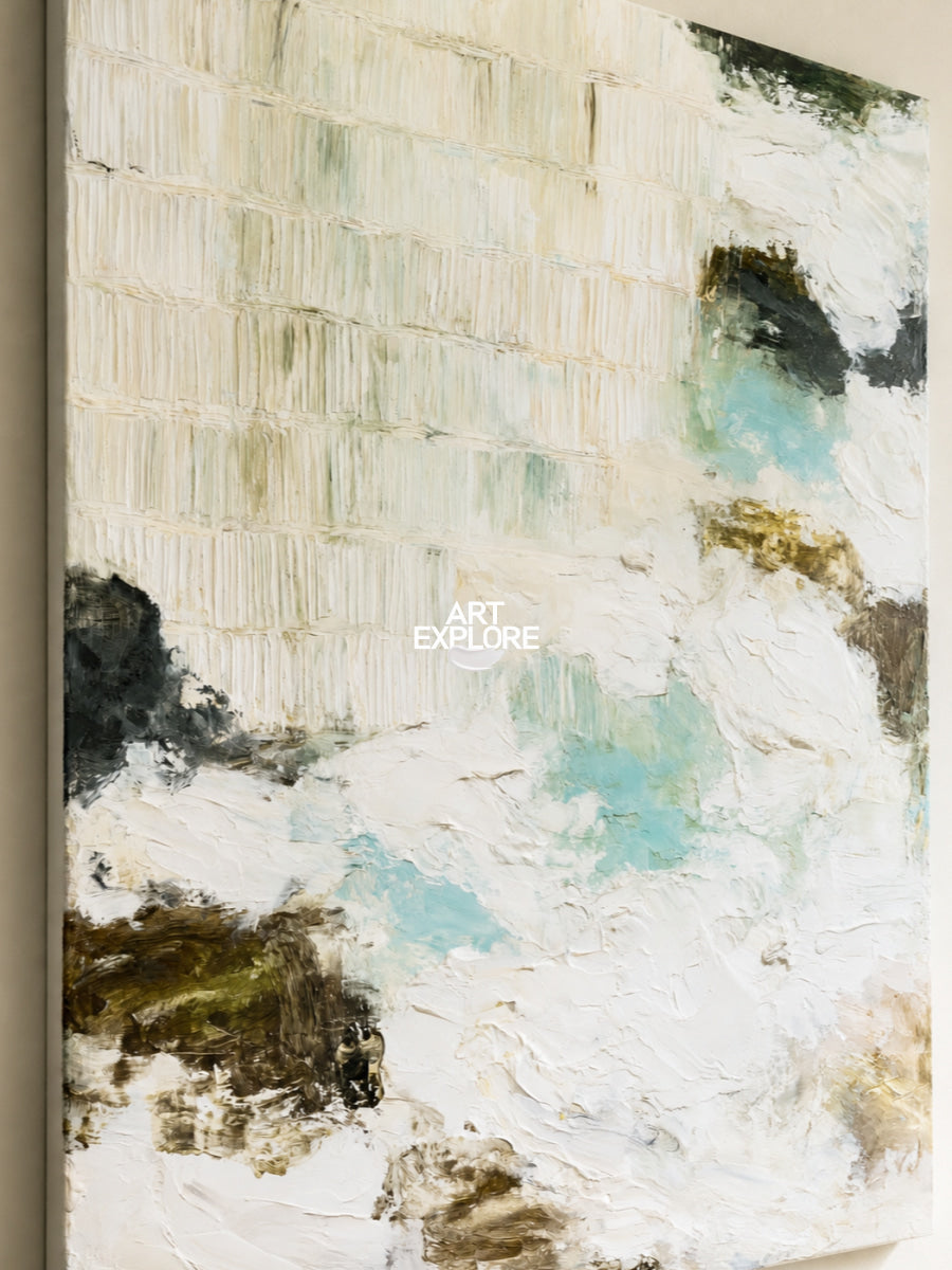 Abstract Textured Canvas Painting With Beige Grid And Teal Waves