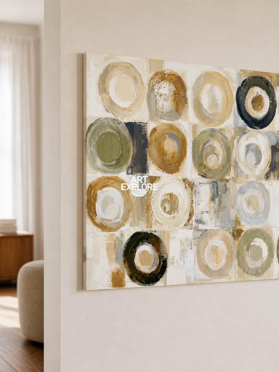 Warm Geometric Abstract Canvas Painting With Earthy Circles For Modern Decor
