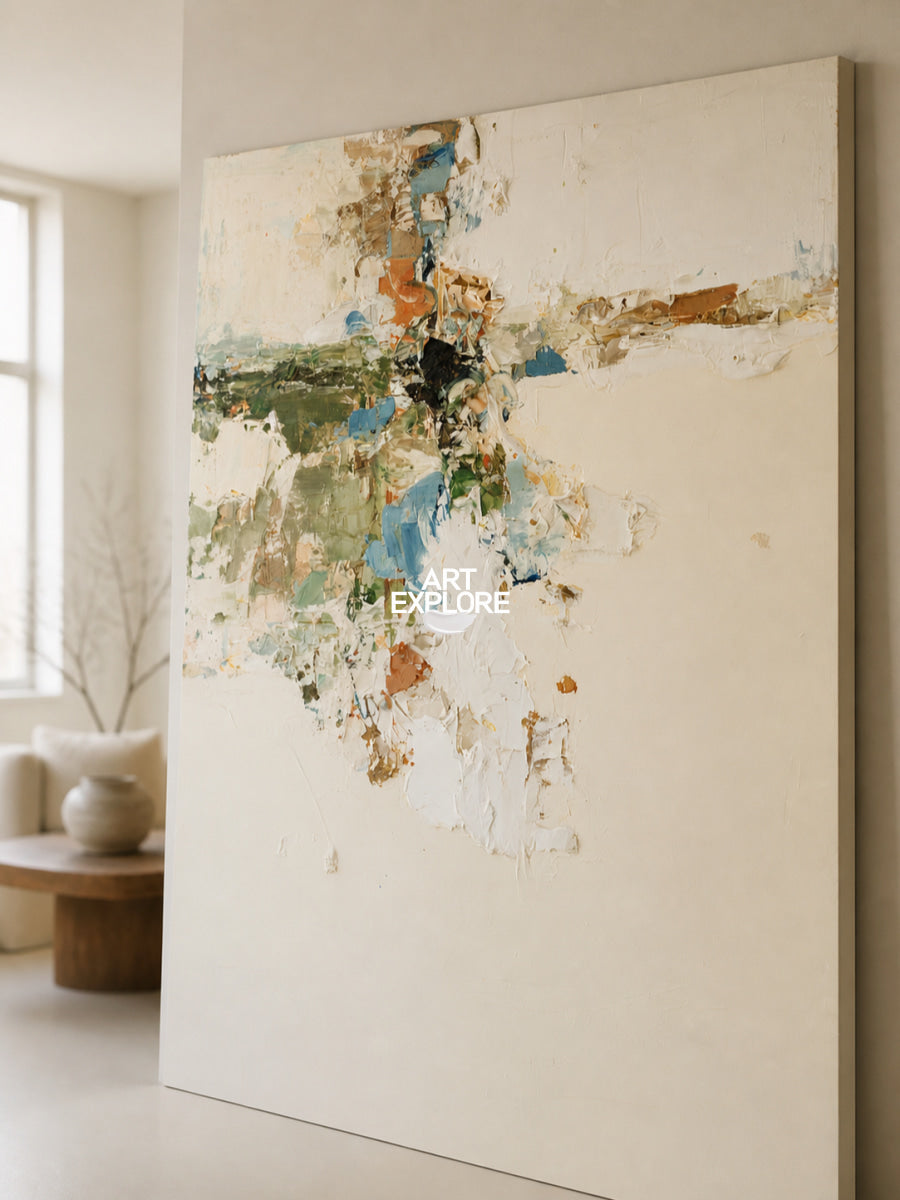 Original Beige Abstract Painting With Expressive Brushstrokes