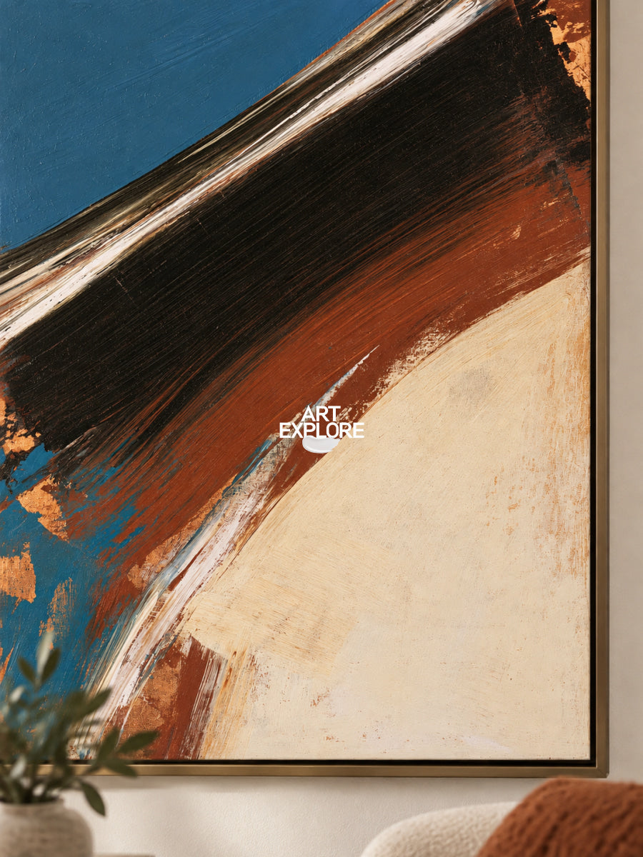 Abstract Blue And Beige Canvas Painting With Earthy Brown Tones
