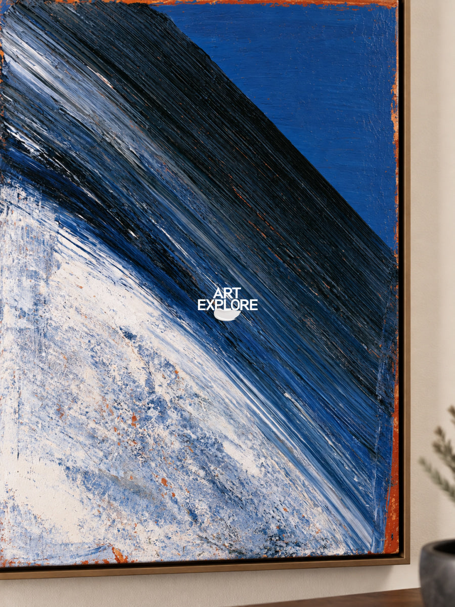 Blue And White Abstract Canvas Painting With Dynamic Diagonal Lines
