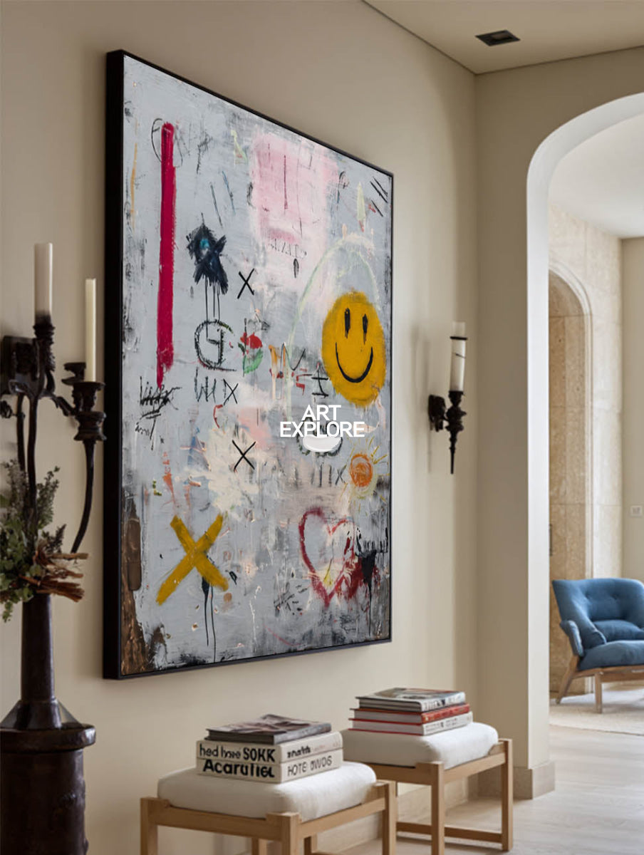 Vibrant Abstract Pop Art Canvas With Smile Icon For Playful Home And Game Room Walls