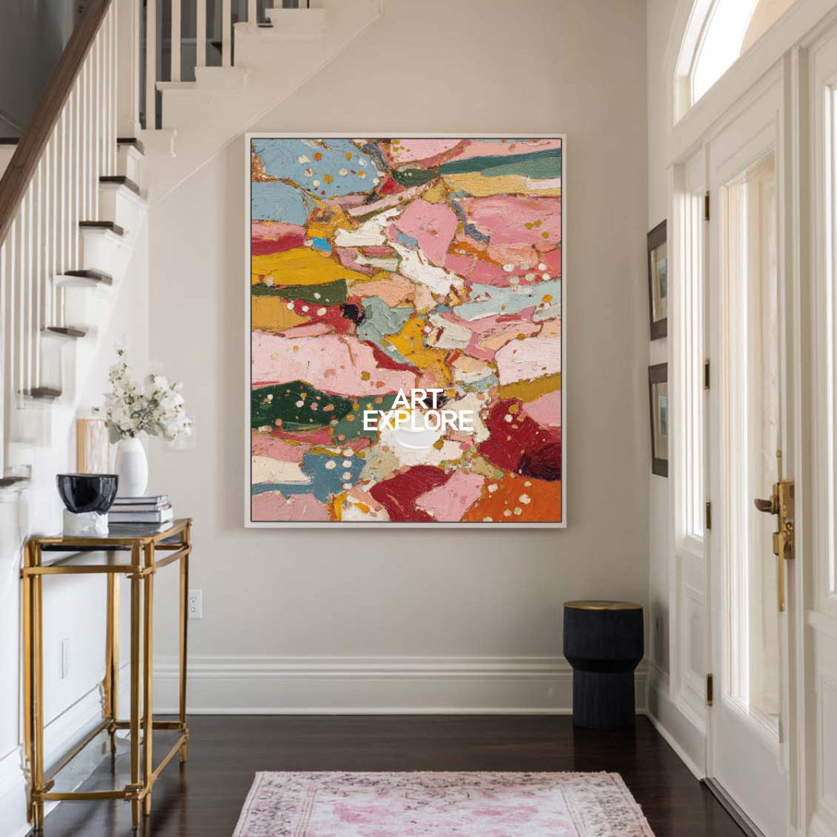 Hand Painted Abstract Textured Art With Pink And Teal For Modern Living Room Decor