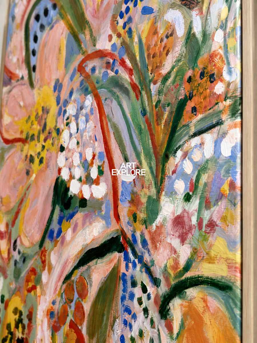 Abstract Floral Canvas Painting With Pink Blue Yellow Hand-Painted Wall Art