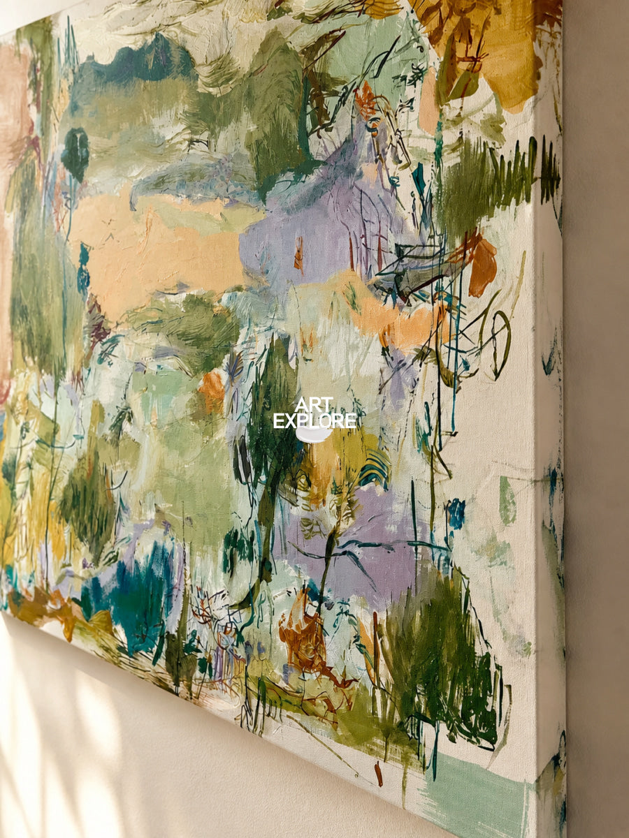 Abstract Green Landscape Canvas Painting Hand-Painted Wall Art With Blue And Beige Tones