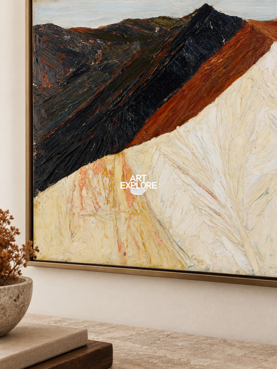 Abstract Mountain Landscape Canvas Painting With Earthy Tones And Textured Brushwork