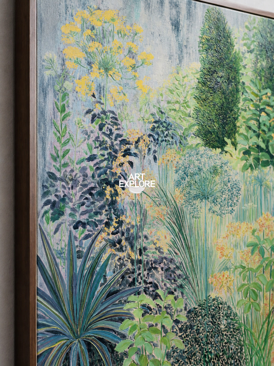 Abstract Botanical Garden Painting Green Yellow Blue Hand-Painted Canvas Wall Art