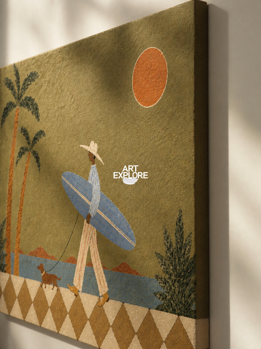 Surfer And Dog Folk Art Canvas Painting Green Coastal Wall Decor