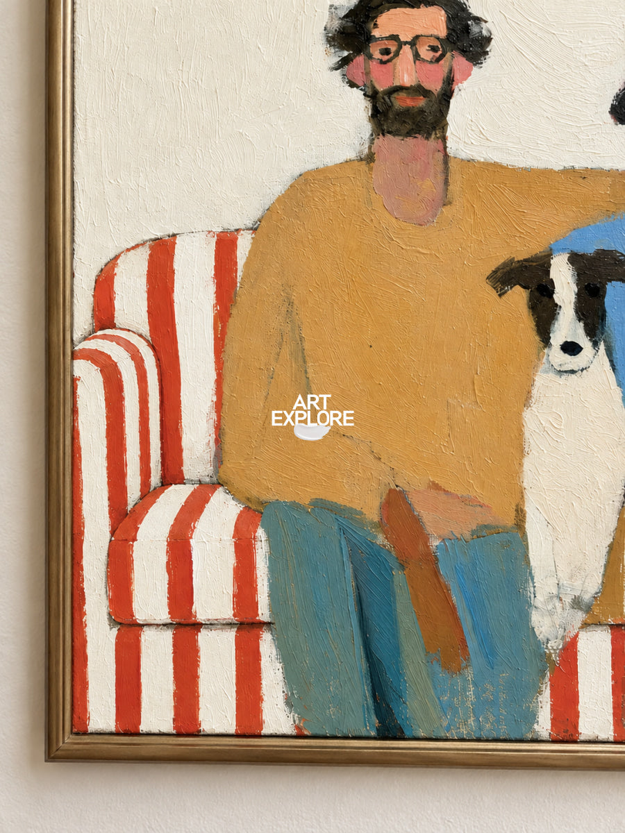 Abstract Couple And Dog Painting On Red Striped Sofa Hand-Painted Canvas Art