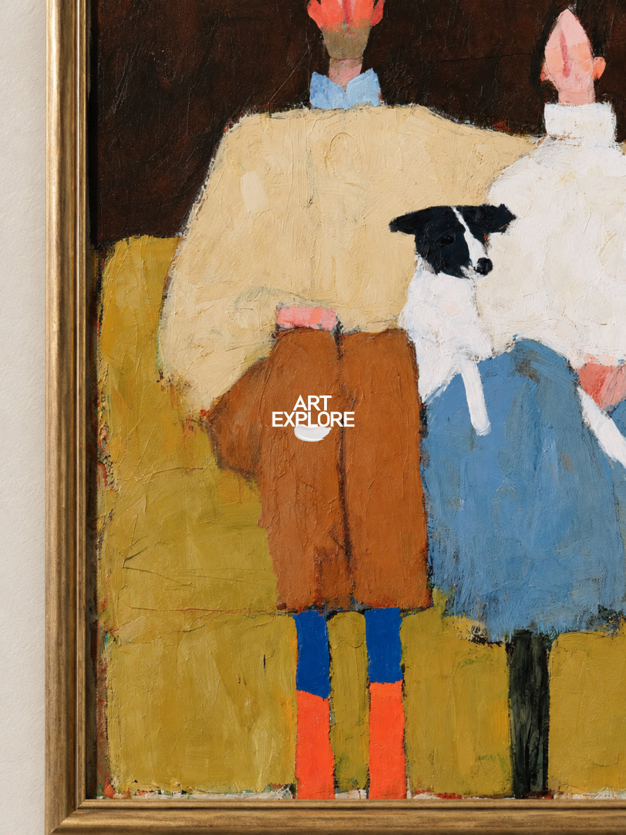 Warm Brown Wall Art For Living Room Modern Abstract Painting With Couple With Dog