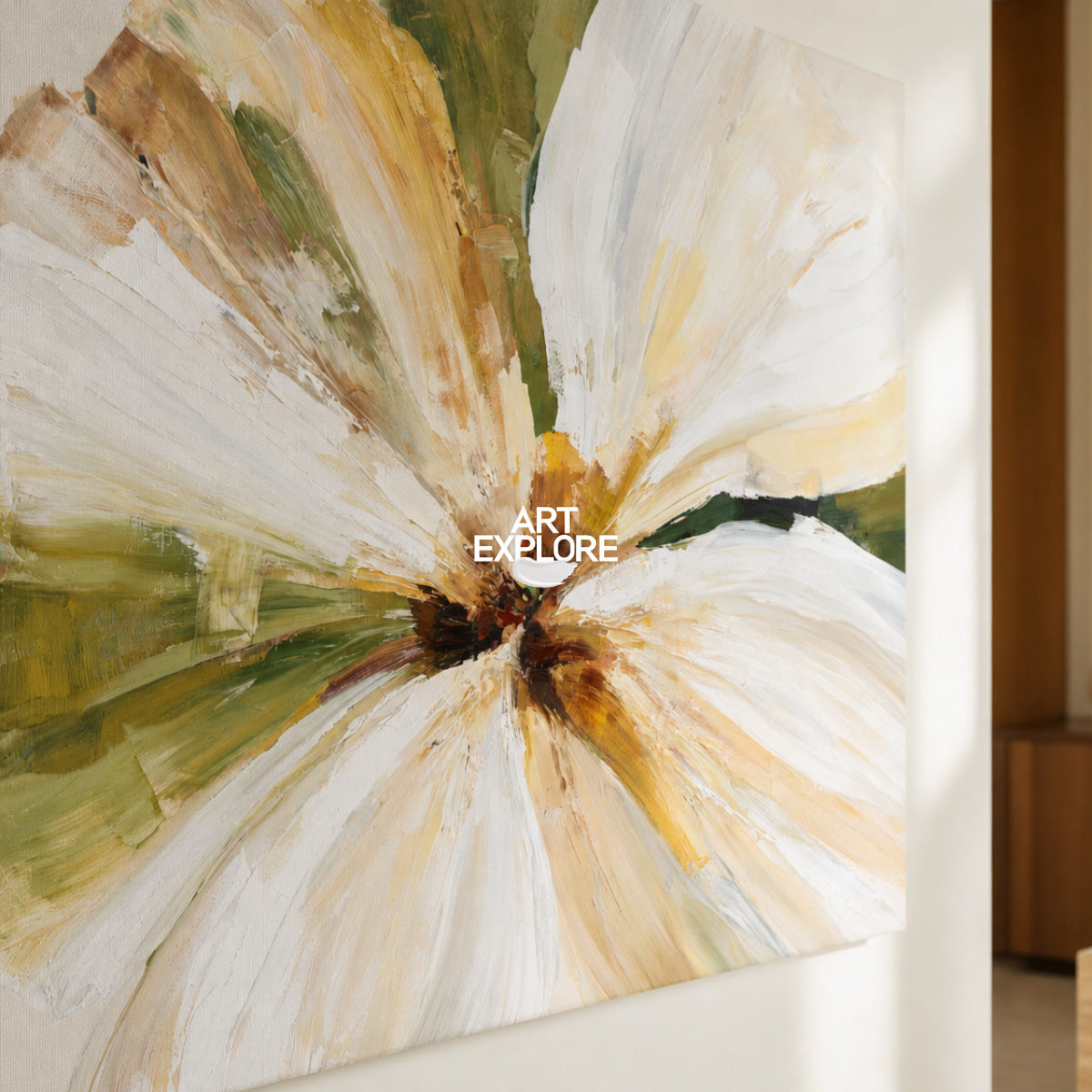 Modern Horizontal Wall Art For Living Room Abstract Flower In Beige White
