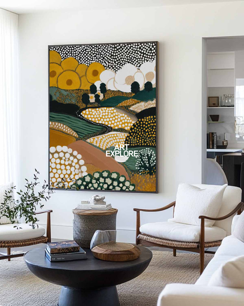 Modern Abstract Landscape Art With Spot Patterns In Earth Tones For Living Room Decor