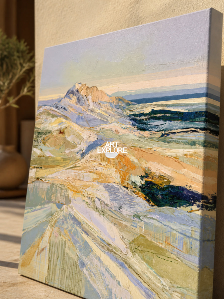 Abstract Mountain Landscape Canvas Painting In Blue And Green Tones