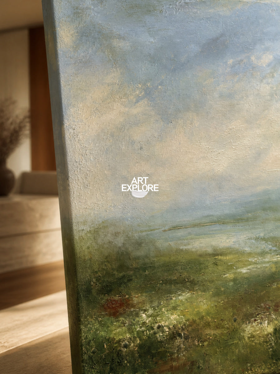 Misty Green Coastal Landscape Hand-Painted Canvas Art For Modern Home