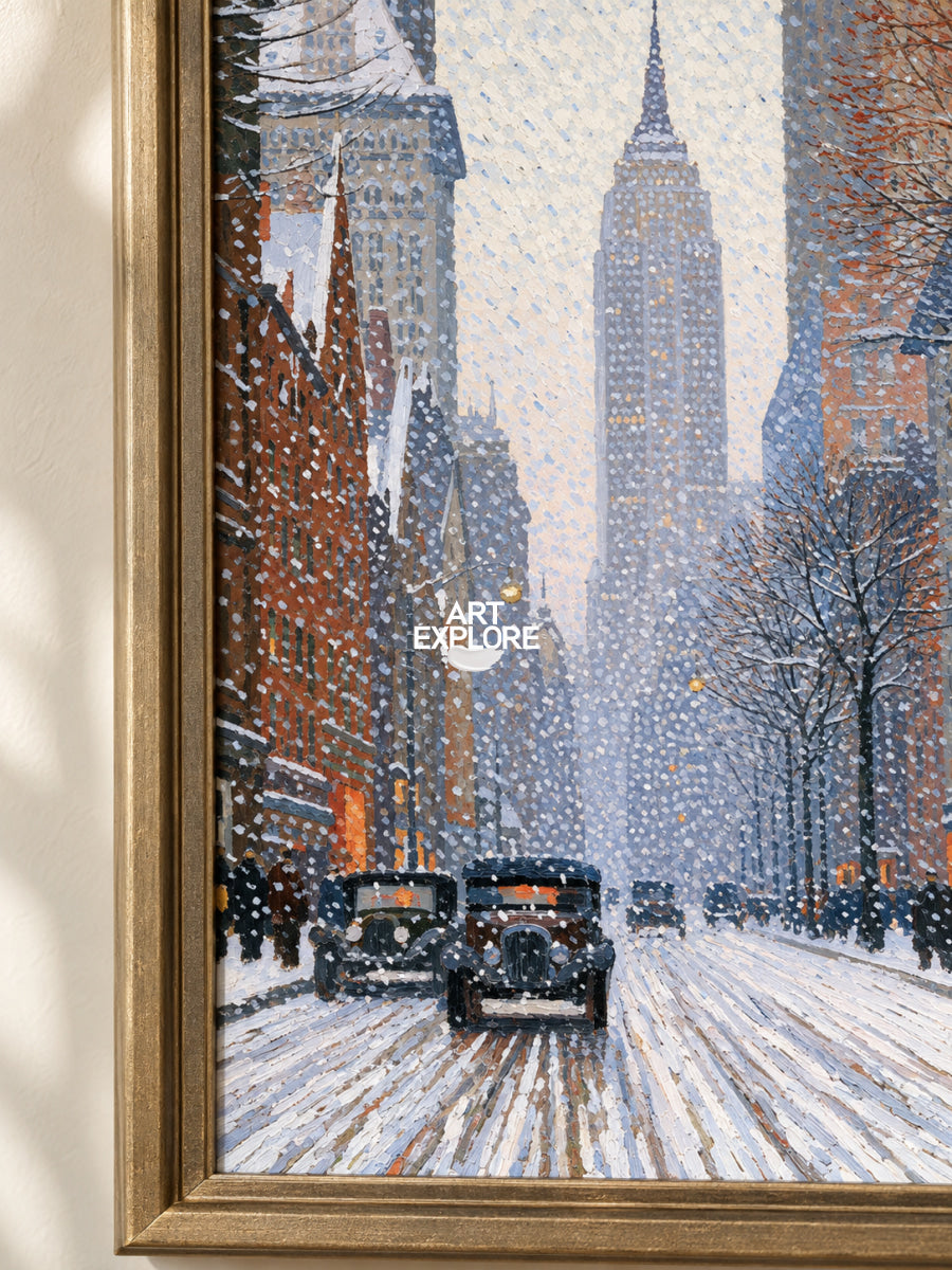 Vintage NYC Snow Street Painting With Empire State Building