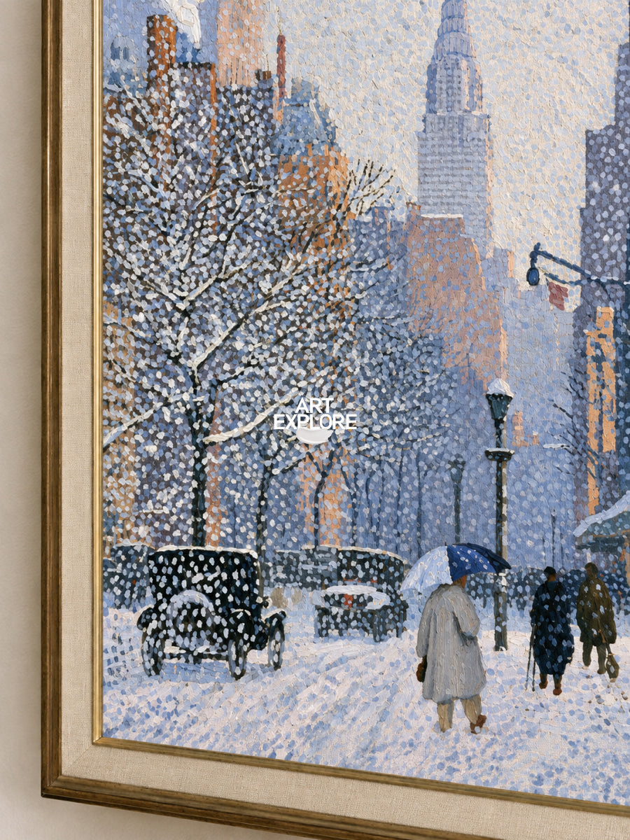 Realistic Winter Cityscape Hand-Painted Canvas Art In Blue And White