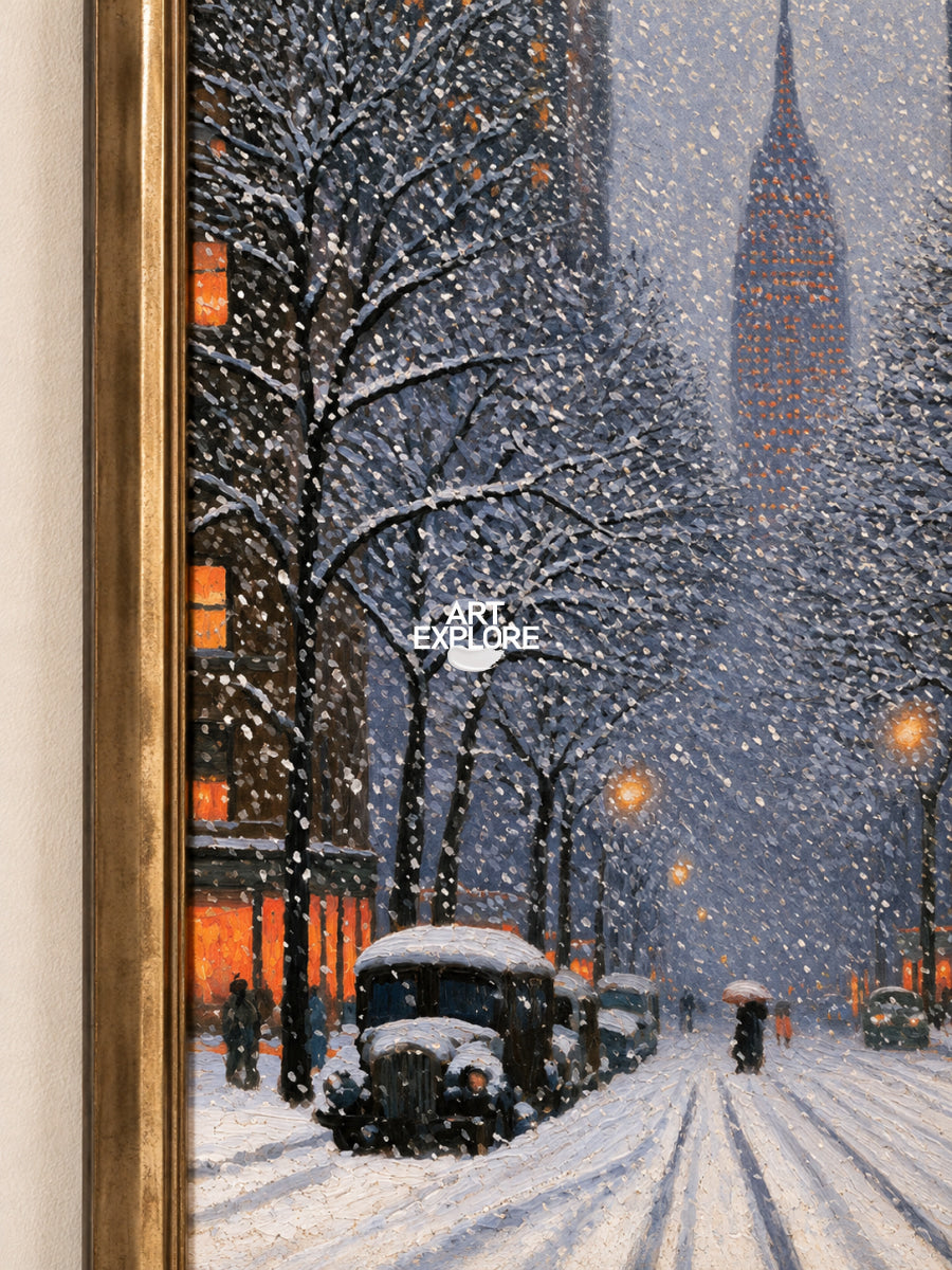 Snowy New York City Painting With Empire State Building Blue Wall Art